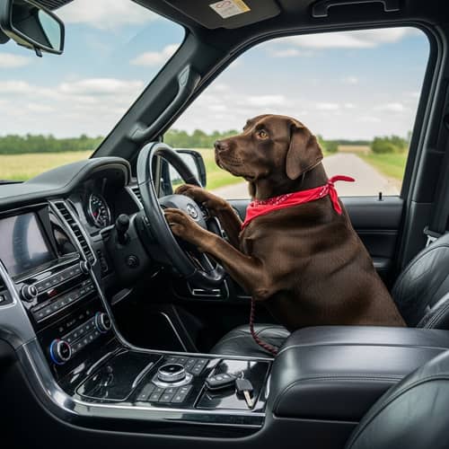 Chocolate Labrador Driving Modern SUV | Countryside Adventure