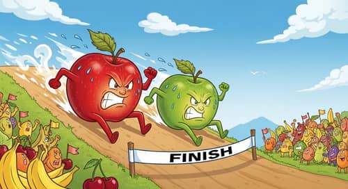 Playful Apple Race: Humorous Fruit Competition Illustration