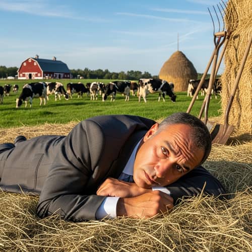Disgusted Businessman in Dairy Farm Scene | Serene Cow Background