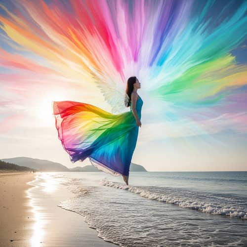 Asian Girl Soaring with Feathered Wings | Serene Beach Scene