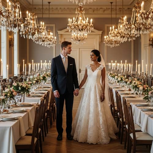 Vintage Glamour Wedding Scene with Multicultural Couple