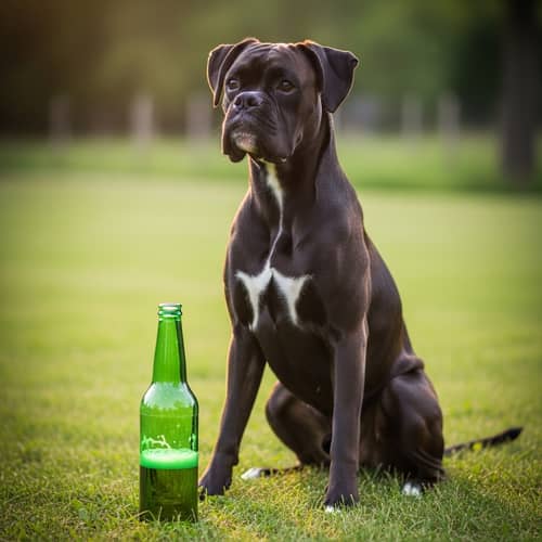 Black Boxer Dog with Beer Bottle | Sunny Grass Field Scene