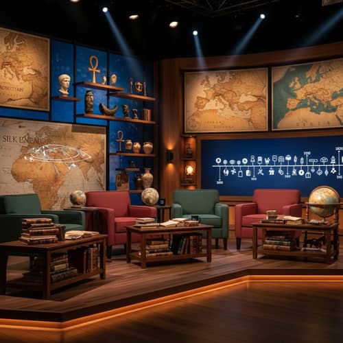 Historical Talk Show Studio Set - Ancient Artifacts, Maps, & Old Books