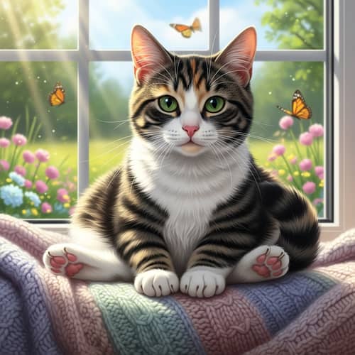 Calico Domestic Cat Sitting in Sunlit Window | Tranquil Scene