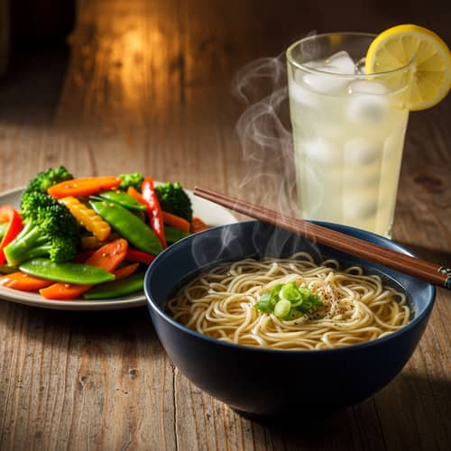 Affordable Meal: Noodle Soup, Vegetables & Lemonade