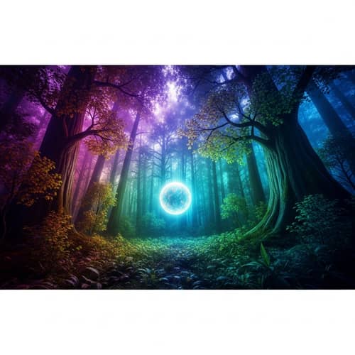 Mystical Forest with Glowing Orb - Vibrant Hues & Ethereal Lighting