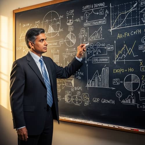 Experienced Businessman Analyzing Economics on Blackboard