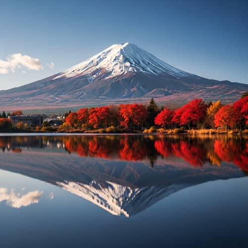 Dormant Fujiyama Volcano and Red Trees - Scenic Landscape