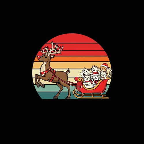 Vintage Red-Nosed Reindeer Leading Sleigh with Playful Cats