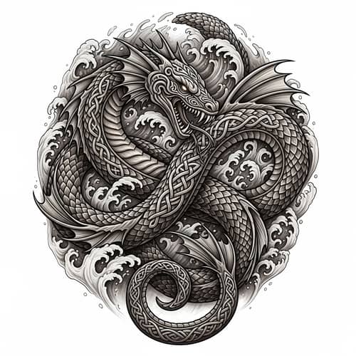 Viking Jörmungandr Tattoo Design with Tumultuous Water
