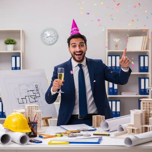 Middle-Eastern Male Architect Celebrating New Year in Office
