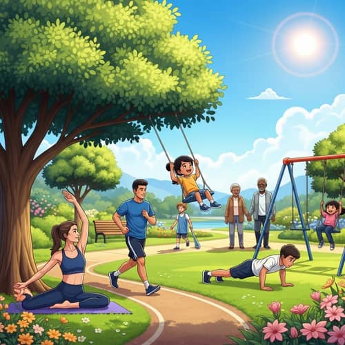 Diverse Activities in Peaceful Green Park | Beauty and Health Promotion