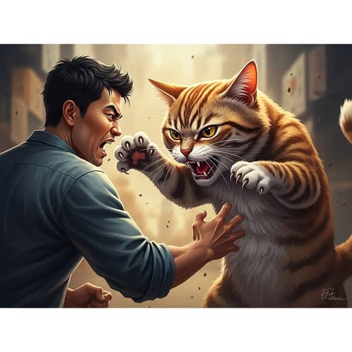 Intense Battle: Angry Cat vs Enraged Man - Digital Illustration