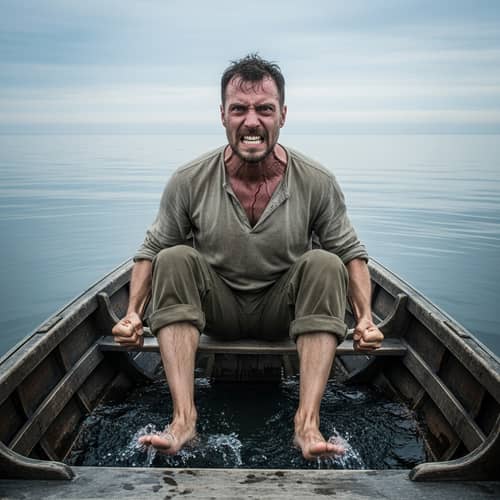Man in Rowboat Expressing Rage and Frustration | Unnamed Narrative
