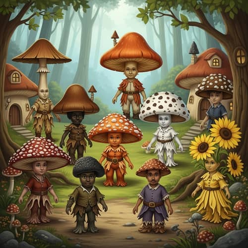 Whimsical Fungus People Fantasy Scene