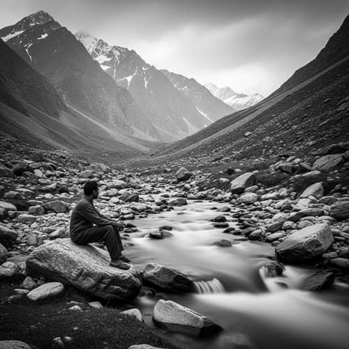 Serene Mountain Landscape with South Asian Individual