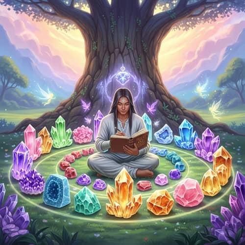 Crystal Journaling in Ethereal Fantasy Landscape