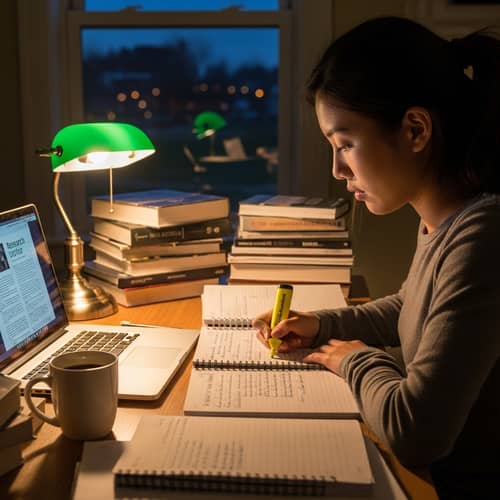 Asian Female College Student Studying Late Night at Desk