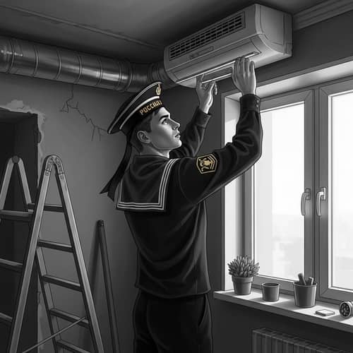 Vintage-style Monochrome Image: Russian Builder Renovating Apartment