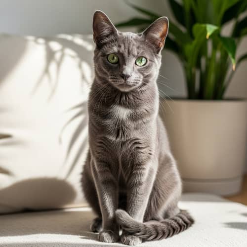 Graceful Domestic Cat with Shiny Fur and Emerald Green Eyes