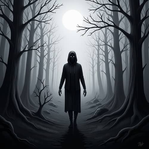 Ethereal Figure in Shadow-Drenched Forest - Surreal Digital Painting