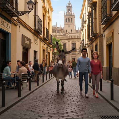 Curious Donkey Roaming Seville Streets | City Life Exploration
