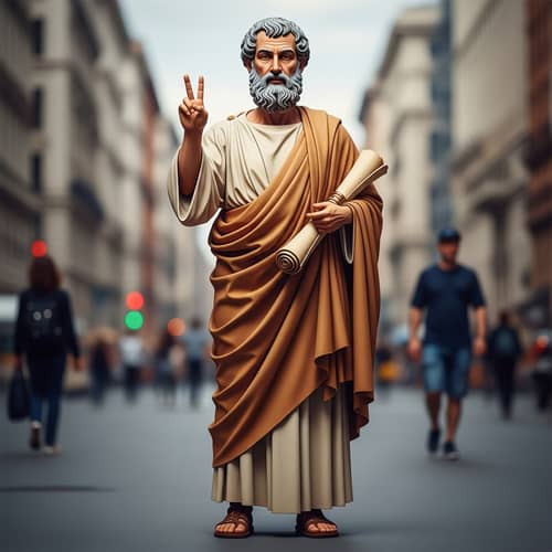 Classical Philosopher Making a Peace Sign - Timeless Wisdom in Modern Era