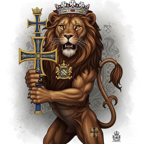 Detailed Digital Illustration of Demi-Rampant Lion with Cross Crosslet