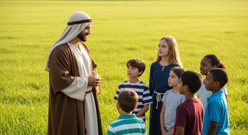 Peaceful Conversation in Lush Green Field | Religious Figure with Children