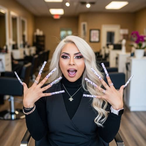 Hispanic Woman with Extremely Long Nails and Dramatic Makeup