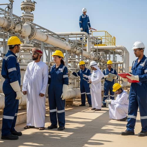 Diverse Roles at Omani Oil & Gas Facility: Safety-Clad Employees at Work