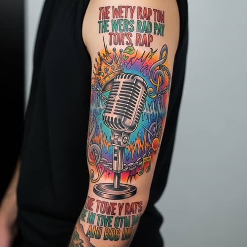 Colorful Arm Tattoo Design: Stylized Mic & Rap Elements