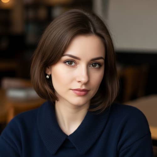 Delicate Young Woman in Her 30s with Stunning Black Eyes and Brown Hair