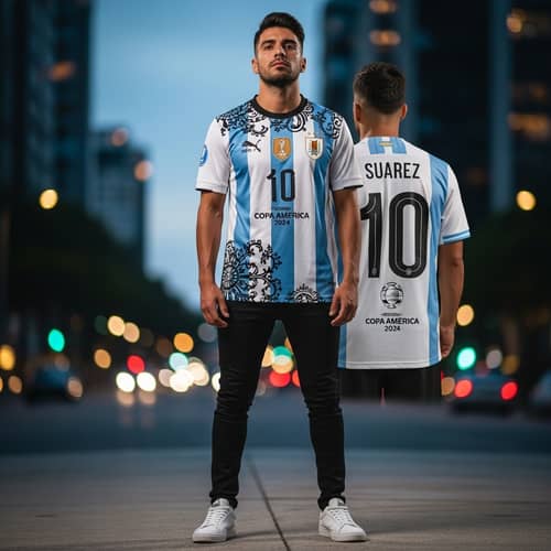 Stylish Man with Designer T-Shirt and Uruguayan Soccer Jersey