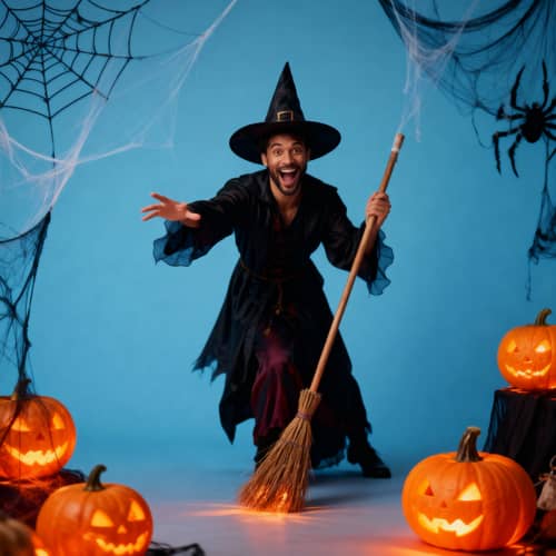 Playful Friendly Witch with Halloween Decor Playful Friendly Witch with Halloween Decor