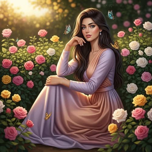 Serene South Asian Girl in Lavender and Peach Dress Surrounded by Roses and Butterflies