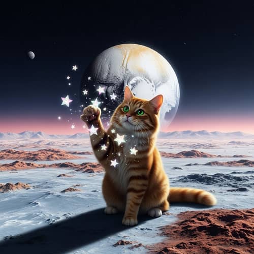 Cat on Pluto Playing with Stars