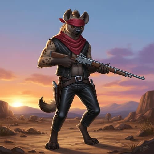 Hyena Bandit Character in Dominant Pose with Vintage Rifle