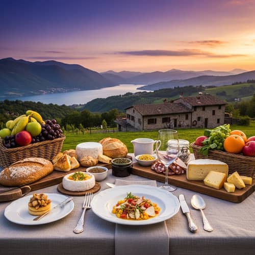 Beautiful Culinary Scene with Fresh Fruits, Artisan Breads & Gourmet Dishes