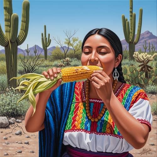 Mexican Woman Enjoying Roasted Corn in Sonora