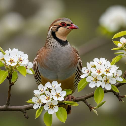Elegant Partridge on Blossoming Pear Tree Branch
