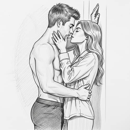 Tender Kiss Pencil Sketch: American Couple Embracing