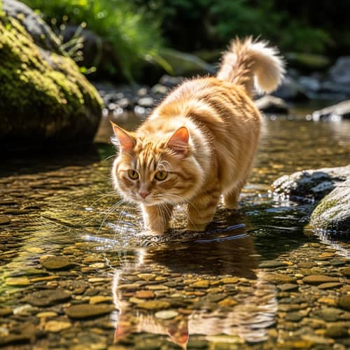 Fluffy Orange Tabby Cat Wading in Shallow Stream