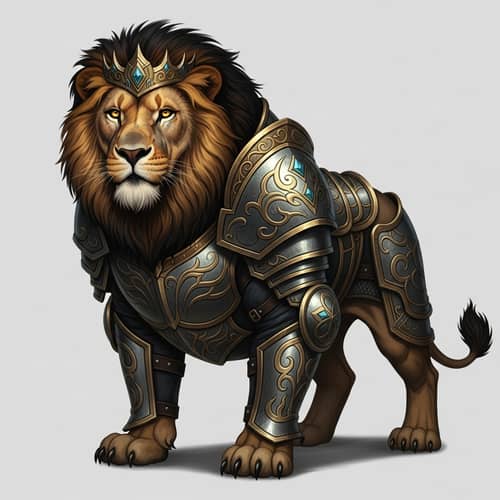Majestic Lion with Black Mane and Gold Eyes in Armor