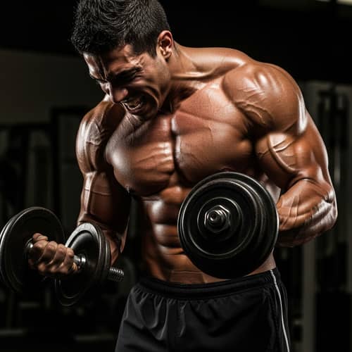 Photo-Realistic Hispanic Male Bodybuilder Dumbbell Lifting