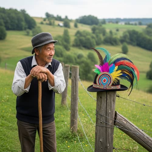 Asian Shepherd Intrigued by Flamboyant Feathered Hat