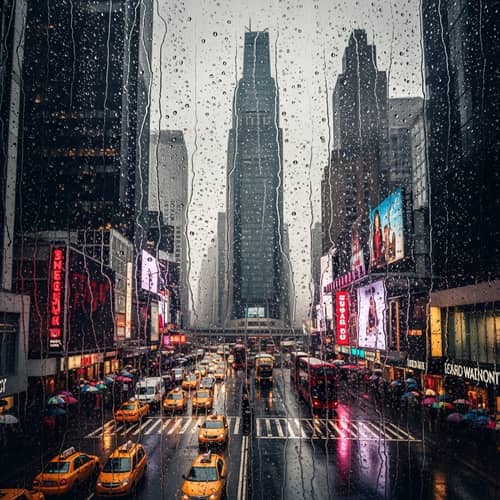 Urban City Landscape Under Grey Sky View Through Rainy Glass Wall