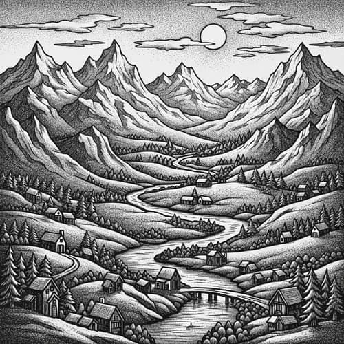 Intricate Landscape Relief Print: Mountains, Rivers, Settlements