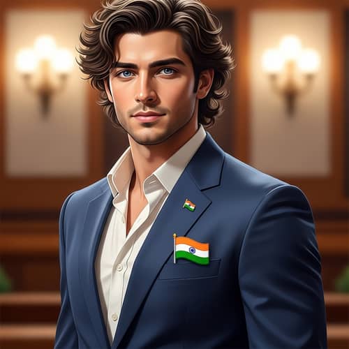 Illustrious Youthful Political Figure in Sharp Suit with Indian Flag