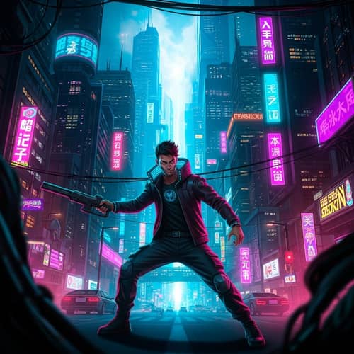 Mysterious Figure in Futuristic City - Vibrant Neon Colors